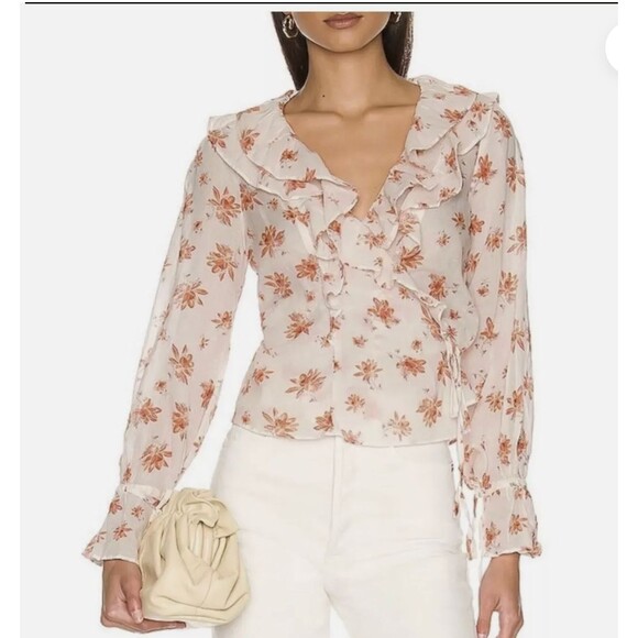 Free People Amanda Accent Blouse Top Sz XS Ruffle Floral Wrap Boho Gauzy Sheer - Picture 1 of 10